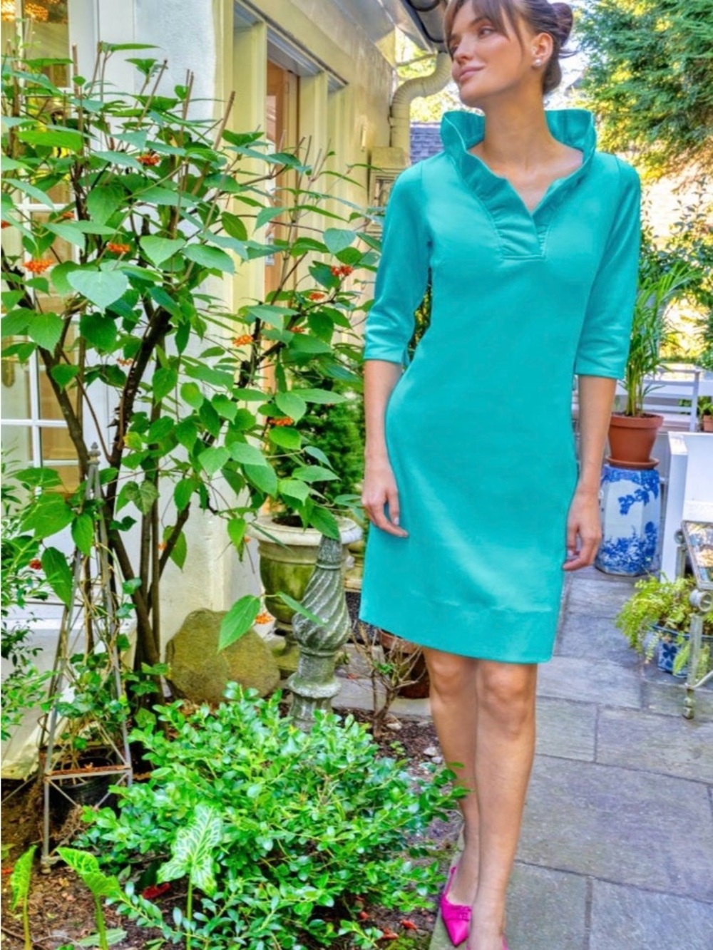 GRETCHEN SCOTT RUFF NECK 3/4 SLEEVE JERSEY DRESS